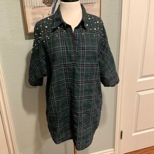 Kontrol Plaid Blouse/Tunic w/Pearls and Studs • Sz XL